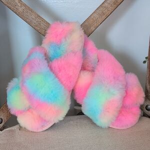 Tie Dye Plush Colorful Fuzzy Slippers - Little Girl 2